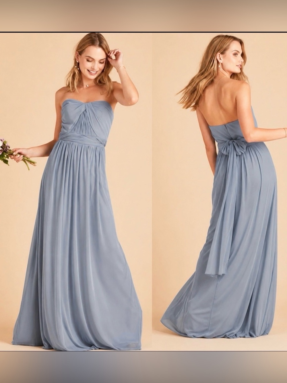 Birdy Grey Strapless Chiffon Gown in Dusty Blue